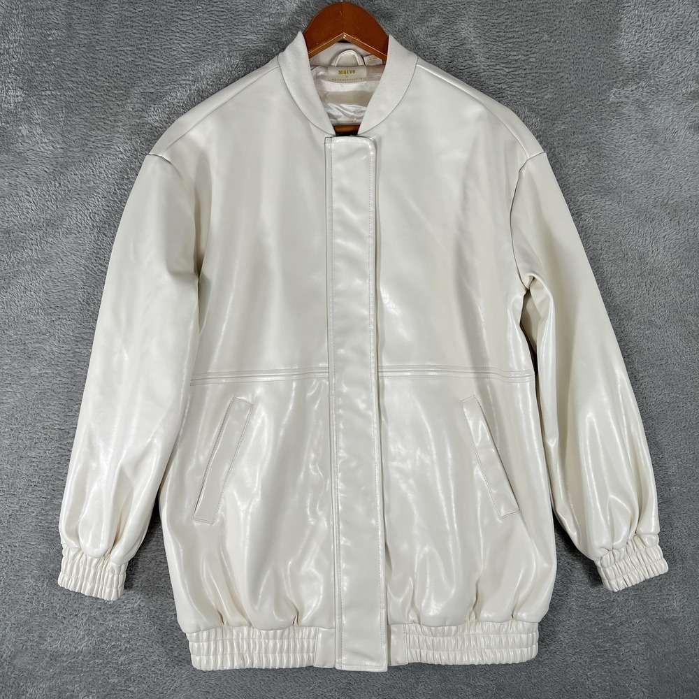 Maeve Anthropologie Bomber Jacket Womens XX-Small White Fauxβ Leather Zip Snap